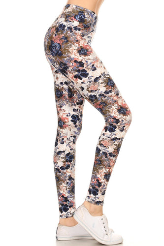 One Size Blue and Coral Floral Print Leggings