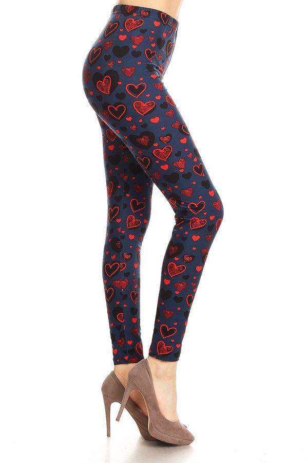 One Size Black & Red Hearts on Blue Background Leggings