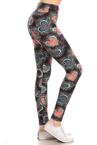 One Size Teal and Pink/Coral Heart Print Leggings