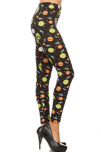 One Size Spaceship & Alien Print Leggings