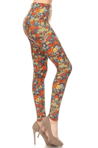 One Size Yellow & Orange Floral Sugar Skull Leggings