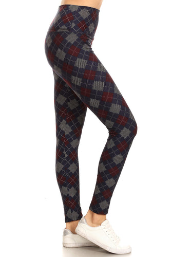 One Size Burgandy & Navy Plaid Leggings on Black Background