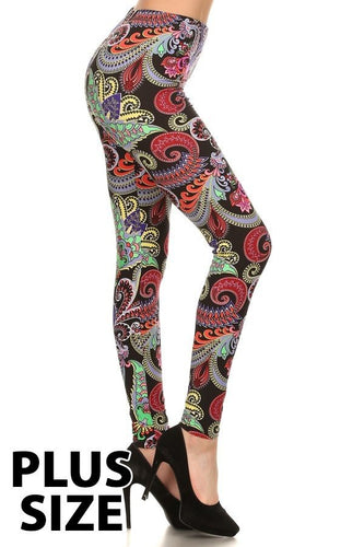 Plus Size Burgandy, Mint & Orange Paisley Print Leggings