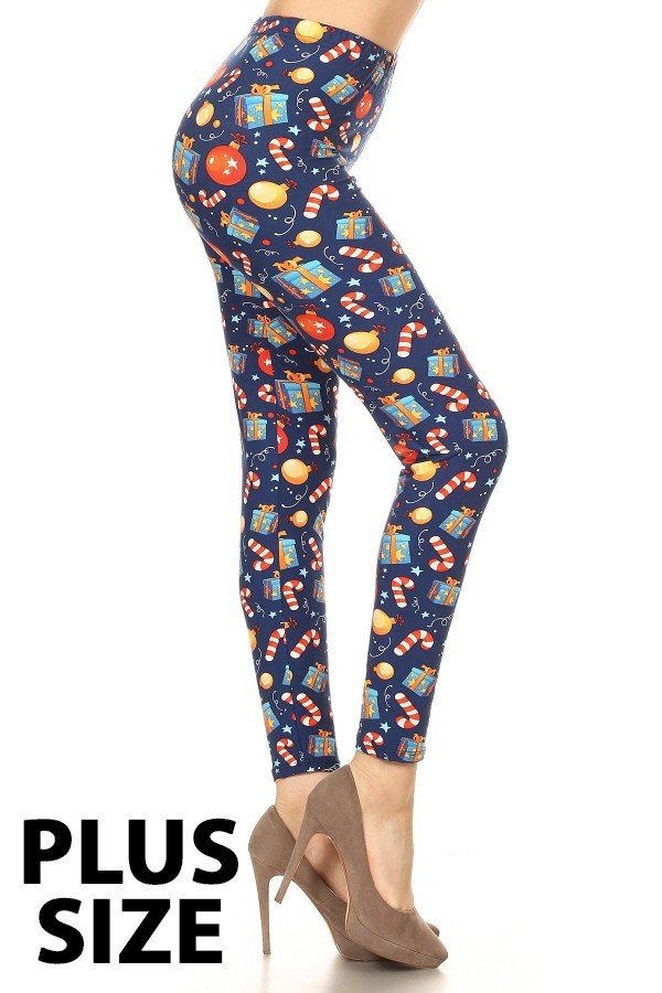 Plus Size Holiday Ornament, Present & Candy Cane Print Leggings