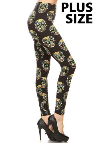 Plus Size Fluorescent Sugar Skull Print Leggings