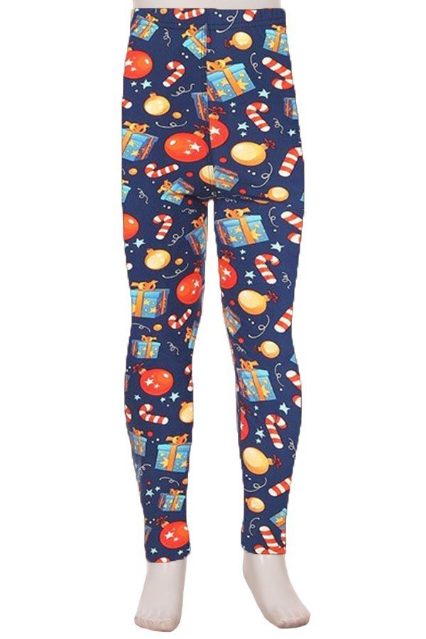 Kids Holiday Ornament, Present & Candy Cane Print Leggings