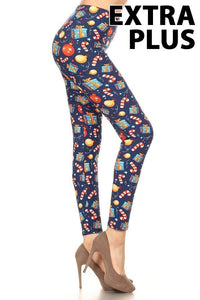 Extra Plus/Queen Holiday Ornament, Present & Candy Cane Print Leggings