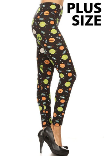 Plus Size Spaceship & Alien Print Leggings