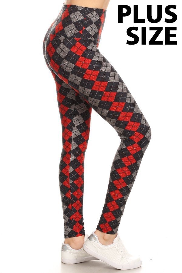 Plus Size Red, Black & Grey Argyle Print Leggings