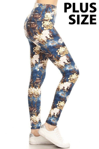 Plus Size Abstract Floral Print Leggings on A Teal Blue Background